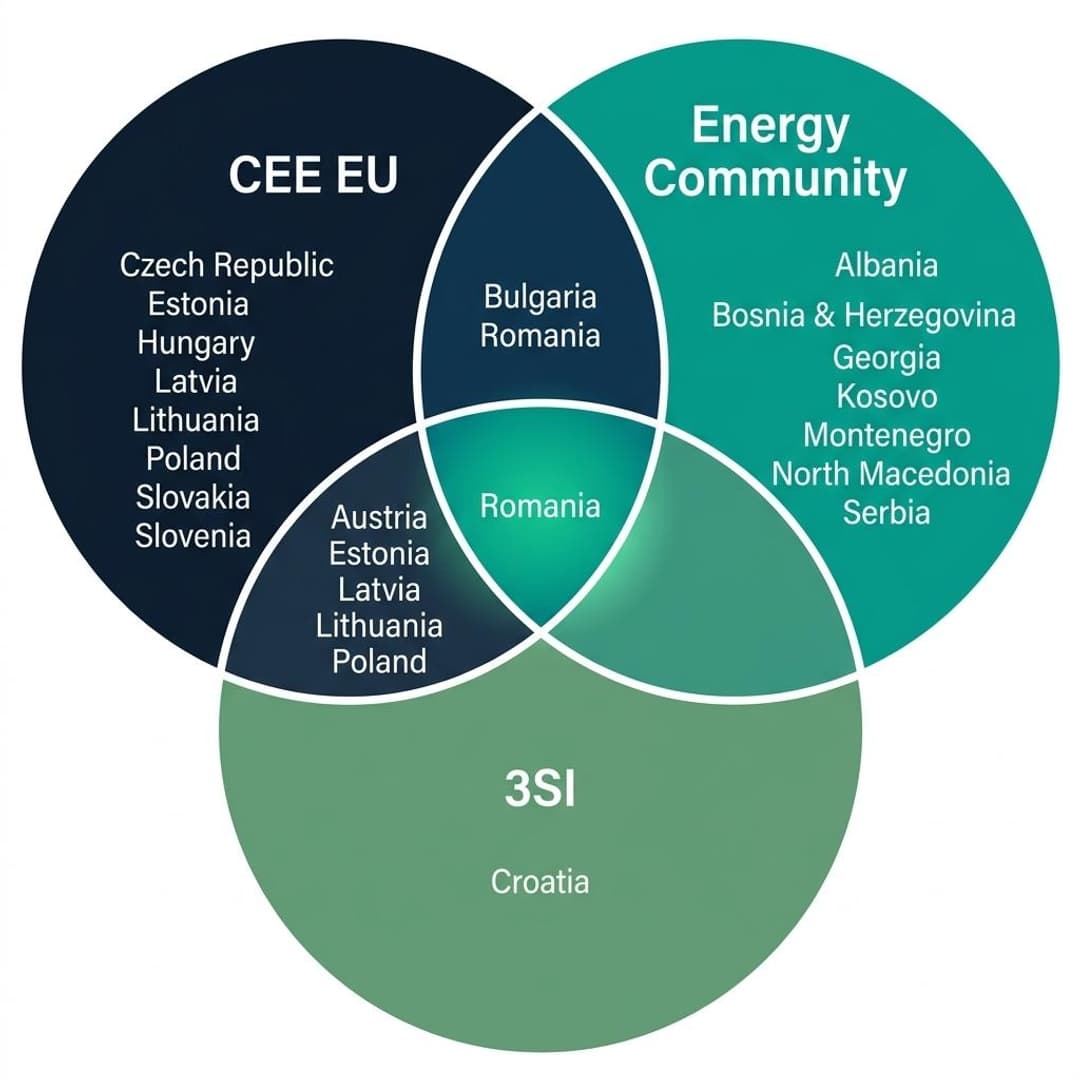 Venn diagram showing overlap between CEE EU Members, Energy Community, and Three Seas Initiative